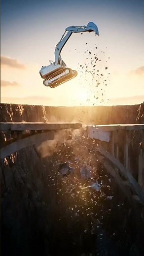 Epic Bridge Demolition: Watch This Excavator Take a Plunge! 🚧💥