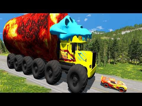 Giant LAVA TANKER Mack Truck Eater VS Cars Lightning McQueen Escape Monster Beamng Drive