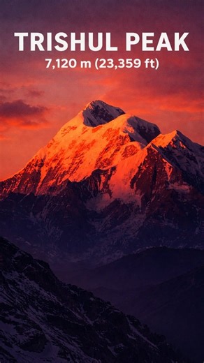 @_explorewithuday on Instagram: "World ki 1st 7000m+ climbed peak. Sirf height ke liye famous nahi— 7,120 meters ka ye mountain apne Shiva ke Trishul jaise design ki wajah se bhi alag hai. Himalayas mein khada ye peak sirf snow aur rock nahi hai, ye belief, history aur human courage ka symbol hai. . . . . [trishul peak, trishul peak uttarakhand, 7000 meter peak, world first 7000m peak, himalayan peaks india, indian mountains, mountain facts india, trishul peak height 7120 m, trishul mountain shi