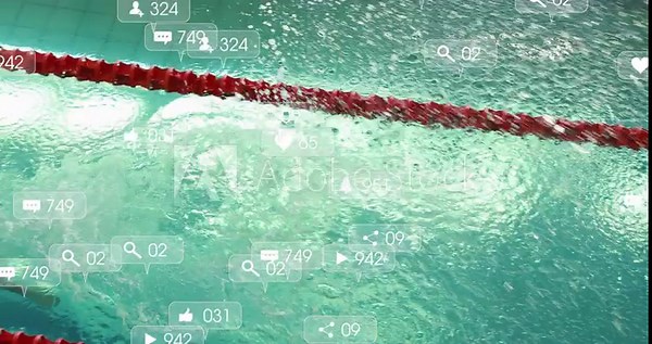 Male swimmer crouching and diving into pool with digital icons visualizing viewer engagement