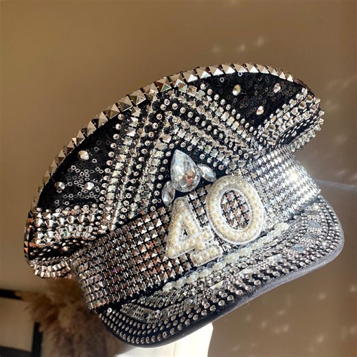 Birthday Captain Hat: Black and Silver Hat, Crystal, Rhinestone, Embellished Party Hat, Personalised Age, 30th, 40th, 50th Birthday Hat - Etsy
