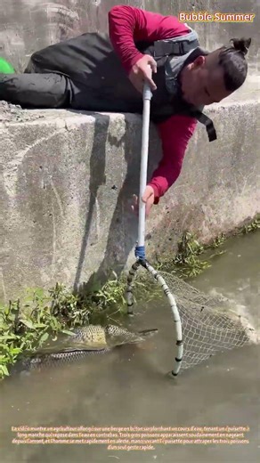 Une prise inattendue : pêcher au filet tout en se reposant sur la berge