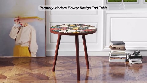 Mandala Round End Table, Small Side Table with Colorful Flowers Finish, Retro Modern Small Coffee Table for Balcony, Living Room(15.7" Dia. x 18.5" H, Colorful, Round)