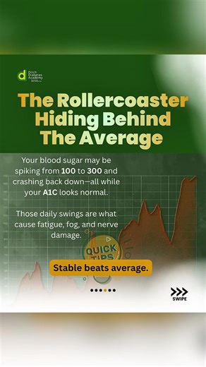 Listen to this 👇🏼👇🏼 A “good A1C” doesn’t always mean your blood sugar is stable. It’s just an average. And averages can hide dangerous highs and lows. Your blood sugar could be swinging from 100 to 300 all day and your A1C would still look “normal.” That’s why you don’t stop at the average. You need to look for patterns. Because stable beats average every time. Ask your doctor for a Continuous Glucose Monitor (CGM) and request your AGP data. That’s how you see the real picture of your health
