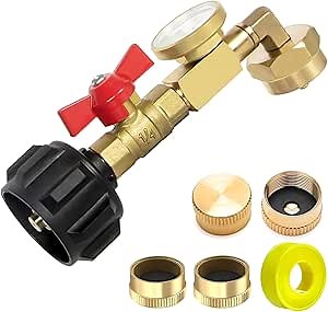 Propane Refill Adapter for 1lb. Tanks, Solid Brass 90 Degree 20lb to 1lb Converter with Valve and Gauge, Fits QCC1/Type1 Tank, 4 Caps for Camping/BBQ