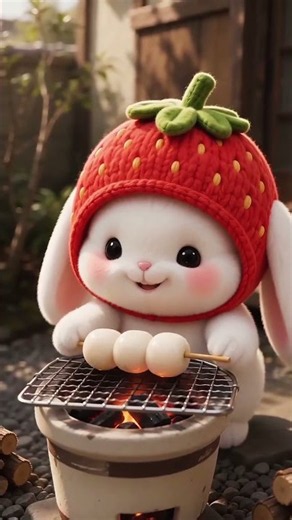 Cute Strawberry Bunny making grilled Dango! 🍓🍡 #shorts