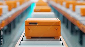 Automated warehouse system with conveyor belts moving boxes efficiently for storage and shipping. Modern logistics and supply chain management.