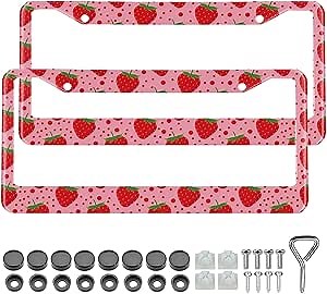 Cute Strawberry License Plate Frame - Fruit Pink Strawberry License Plate Holder Polka Dots Red Frame License Plate Frame, Red Strawberry License Plate Frame for US Standard Vehicles