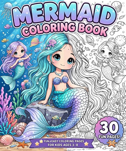 Mermaid Coloring Book for Kids Ages 3-8, Cute Kawaii Mermaids, Easy and Fun Ocean Coloring Pages, Girls Activity Book, Printable PDF - Etsy