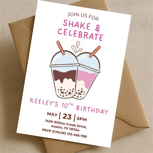 Shake & Celebrate Birthday Invitation, Milkshake Party Invite for Girls, 10th Birthday, Printable Editable Canva Template Instant Download - Etsy