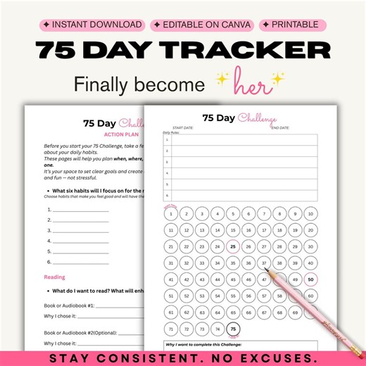 75 Days Challenge Tracker Printable | Habit Tracker PDF | Wellness Planner | Glow up | 75 Soft | 75 Hard | Accountable Journal - Etsy Australia