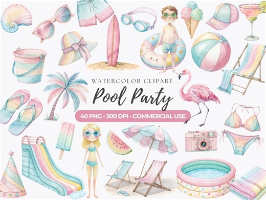 Pastel Pool Party Clipart, Summer Watercolor PNG (commercial Use) - Etsy Canada