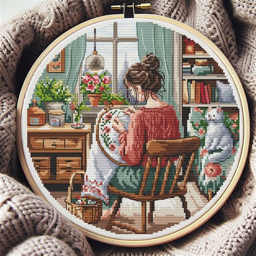 Girl Cross Stitching by Window Pattern, Cat, Flowers (PDF Pattern) - Etsy