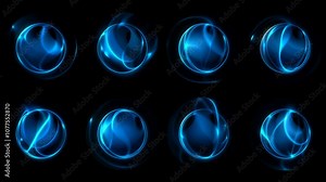 8 pulsating, blue plasma orbs, perfect for adding a futuristic and energetic touch to your designs. Vibrant glow, dynamic energy, ideal for motion graphics, video effects. Looping animation.