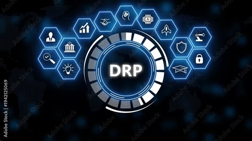 Futuristic blue digital interface with drp text in center and hex icons around, representing disaster recovery planning and cybersecurity technology.