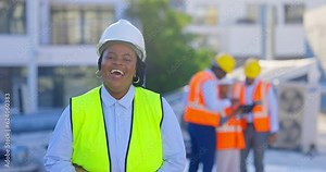 Face, engineer and black woman outdoor, blueprints and funny with a project, real estate and property development. Portrait, person and architect with a laugh for construction site and renovation