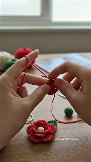 Red Crochet Flower Motif – Handmade Floral Appliqué with Layered Petals