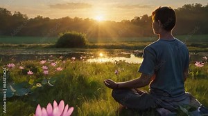 Man sitting on the shore of lake, boy doing meditation yoga beside a lake full of lotus in a jungle in sunset, pond water spiritual peace yoga in lotus position in nature jungle reflection on water Ge