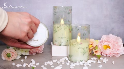 Flameless Candles with Remote Control, Flickering LED Glass Candles, Battery-Operated with Timer and Adjustable Brightness, Floral Branch Design for Home Decor and Wedding, Set of 3