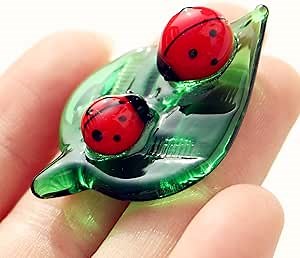 Mini Crystal Green Leaf Glass Ladybug:Decor Insect Statue Decor Room Ornament Hand-Blown Glass Collectible Figurines