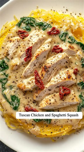 Tuscan Chicken and Spaghetti Squash Recipe Creamy, dreamy, and packed with flavor, this Tuscan Chicken and Spaghetti Squash Recipe is the cozy comfort you didn’t know you needed. Juicy chicken, roasted spaghetti squash, and a velvety garlic cream sauce come together in perfect harmony. You’ll crave this healthy yet indulgent twist on pasta night every single week. Ingredients: 1 medium spaghetti squash, halved and seeded 2 tablespoons olive oil Salt and black pepper to taste 2 chicken breasts, b