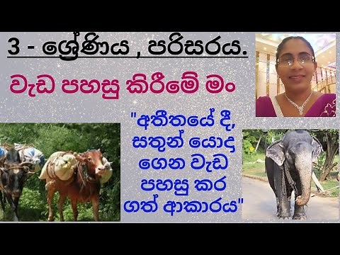 3 - ශ්‍රේණිය,පරිසරය. "වැඩ පහසු කිරීමේ මං", " අතීතයේ දී සතුන් යොදා ගෙන වැඩ පහසු කර ගත් ආකාරය"