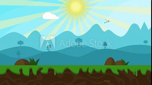 Cartoon Nature landscape Animation Loop. Colorful cartoon hills game background landscape with cracked ground and grass. green nature rural background with pasture, meadows