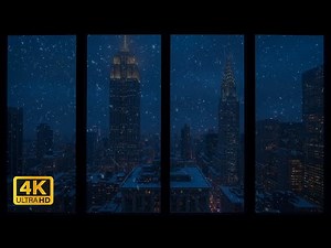 Relaxing Snowy Night Window View in New York City 4K ❄️ Calming Wind Sounds & Urban Sounds for Sleep
