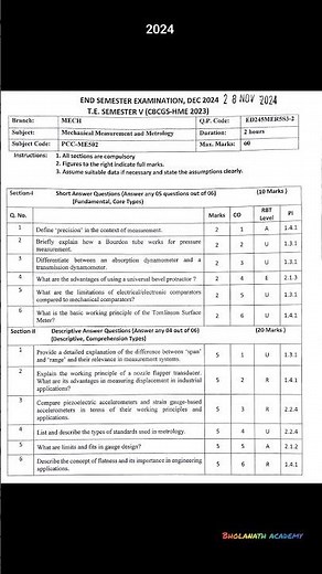 Metrology and Measurement Question Paper Sem 5 Mechanical Engineering 2024