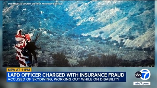 Christopher Carnahan, of Norwalk, hurt his elbow while on duty in 2023, according to the Los Angeles County District Attorney's Office. Prosecutors allege that he completed many skydives in Lake Elsinore and worked out at a fitness center while collecting disability benefits. The 18-year veteran of the LAPD was arrested this week and charged with two counts of felony insurance fraud. He is being held on $100,000 bail. If convicted as charged, he faces up to six years behind bars. https://abc7.co