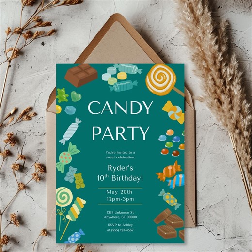 Candy Birthday Party Invitation Canva Template, Editable Candy Bday Invite Printable and Evite, Gender Neutral Kids Birthday Invitation - Etsy