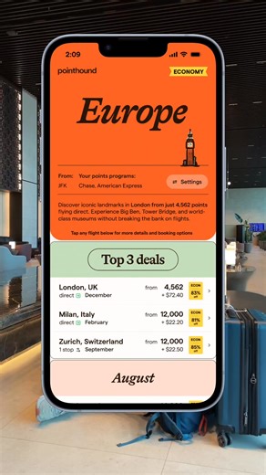 BREAKING: Up to 90% off premium seats in points! Tired of wasting your credit card rewards? We'll show you how to transform them into dream trips! Pick your airports and destinations, unlock deals like: • Business class to London for a fraction of the cost Get instant access now and start flying high! | Pointhound