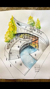 Perspectiva curva, vista de pájaro y acuarela. Ahora dibujantes, veamos este interesante ejercicio de dibujo donde tenemos un acceso en diferentes alturas a un elemento arquitectónico orgánico, una vez dibujado, le pondremos tinta resistente al agua y le daremos color con acuarela, ven y sumérgete en este ejercicio de dibujo y acuarela. #fernandofloresart #fblifestile #acuarela #perspectiva #dibujodiario #arts #paisajes #arquitectura #diseño #drawing | Fernando Flores Art