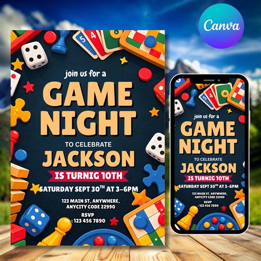 Game Night Birthday Invitation, Board Game Party Invite Template, Editable Canva 5x7 Printable Card, DIY TEXT, Instant Download - Etsy