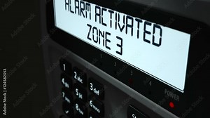 A 3D render of a home security keypad access panel with buttons and an illuminated screen indicating an alarm for an intrusion