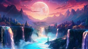 Mystical Fantasy Landscape with Moon fantasy landscape with waterfalls cascading down rocky cliffs under a full moon and starlit sky.