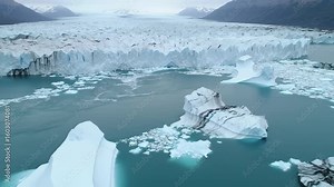 A majestic glacial landscape showing a massive ice shelf calving icebergs into a fjord, a stark vision of climate change.