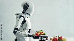 Robot domestic assistance chef cooks food in the kitchen. Artificial intelligence helps people with housework. Healthy lunch breakfast dinner with vegetables