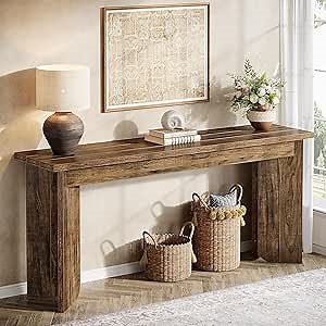 Tribesigns Farmhouse Console Table, 70.9-Inch Extra Long Console Table, Wood Sofa Table Behind Couch with Widened Tabletop & Sturdy Double Pedestal for Living Room, Hallway, Foyer (Rustic Brown)