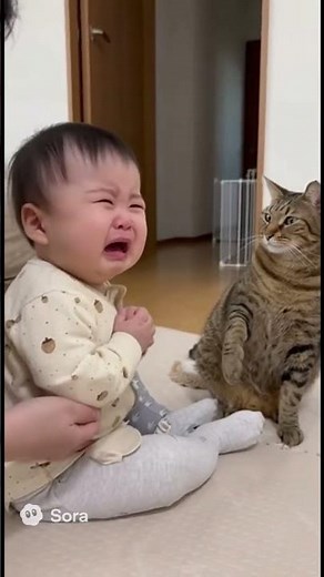 赤ちゃん猫パンチして泣かしちゃう猫が気まずすぎるにゃん🤣#赤ちゃん#猫#AI