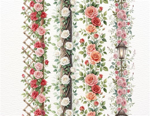 13 Seamless Floral Borders Clipart | Climbing Roses Continuous Border PNG | Printable Rose Frames for Invitations, Planners & Scrapbooking - Etsy