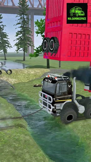 “Unstoppable! Red 4WD Truck Pulls Massive 20-Wheel Container Through Raging River!” #mudrunner #fyp