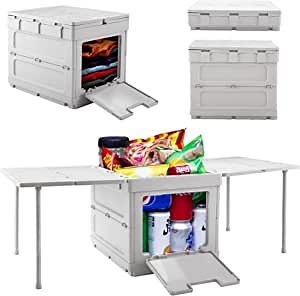 Folding Storage Box Collapsible Lidded Home Storage Bins Folding Table Camping Storage Box Multi Function Box Car Organizer Picnic (Grey)
