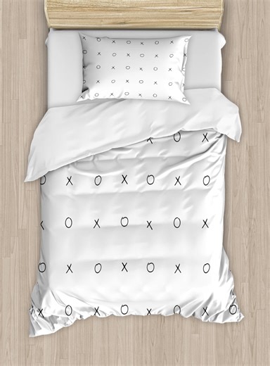 Xo Duvet Cover Set Twin Size, Hand Drawn Geometrical Pattern Classic Game Tic Tac Toe in Black and White Colors, Decorative 2 Piece Bedding Set with 1 Pillow Sham, Black and White, by Ambesonne