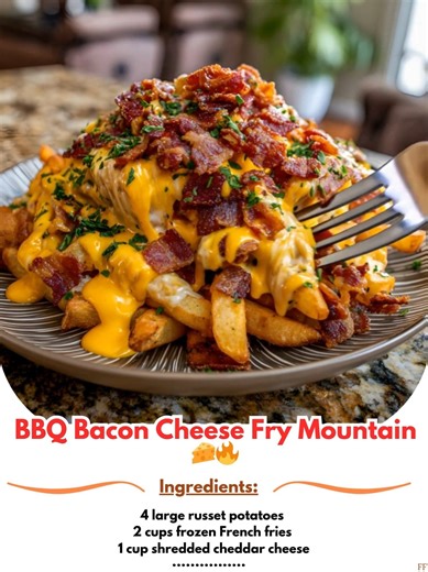 BBQ 🙀 Bacon Cheese Fry Mountain 🧀🔥 Ultimate loaded fries with crispy bacon, melted cheese, and smoky BBQ! 🥘 Ingredients: 4 large russet potatoes 2 cups frozen French fries 1 cup shredded cheddar cheese ..... Full Recipe in Coʍmеոτ 💬 🐟 | Creative Cookery With Grandma's