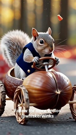 A squirrel driving a small car bumping along a leaf-covered forest path.#squirrel #funny