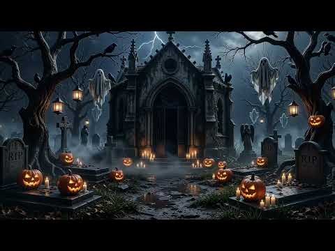 Spooky Halloween Graveyard | Heavy Rain & Thunderstorm Ambience | 1 hour 4K