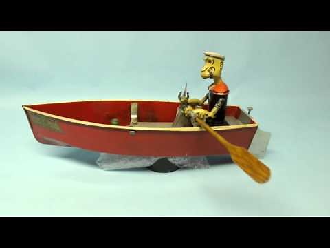 RARE ANTIQUE 1935 HOGE POPEYE THE SAILOR MECHANICAL ROWBOAT TIN WIND UP TOY #268