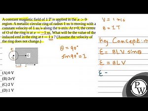 A constant magnetic field of 1 T is applied in the x 0 region. A metallic circular ring ....