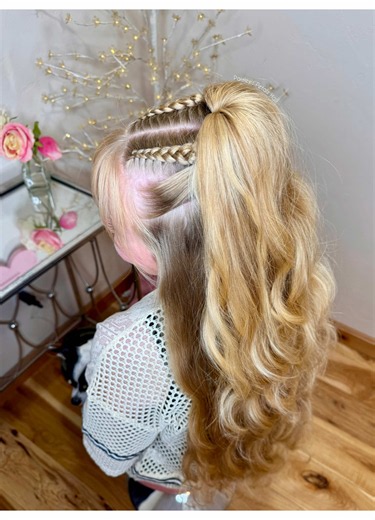 Picture-day hair made easy! 🎀📸 Two Dutch braids a voluminous half-up ponytail soft waves = the cutest combo! ✨ Save this one for picture day! #hairstyle #hairtutorial #braids #easyhairstyles #hairtok @Bohme @Urban Outfitters @Kenra Professional